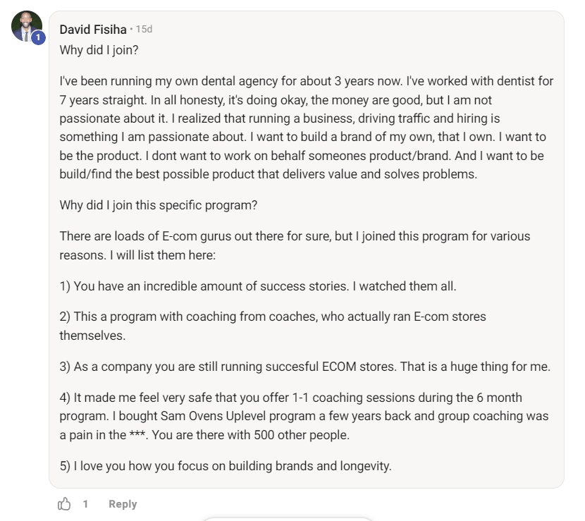 David Fisiha explains why he joined: a program with coaching from coaches who actually run their own ecom stores